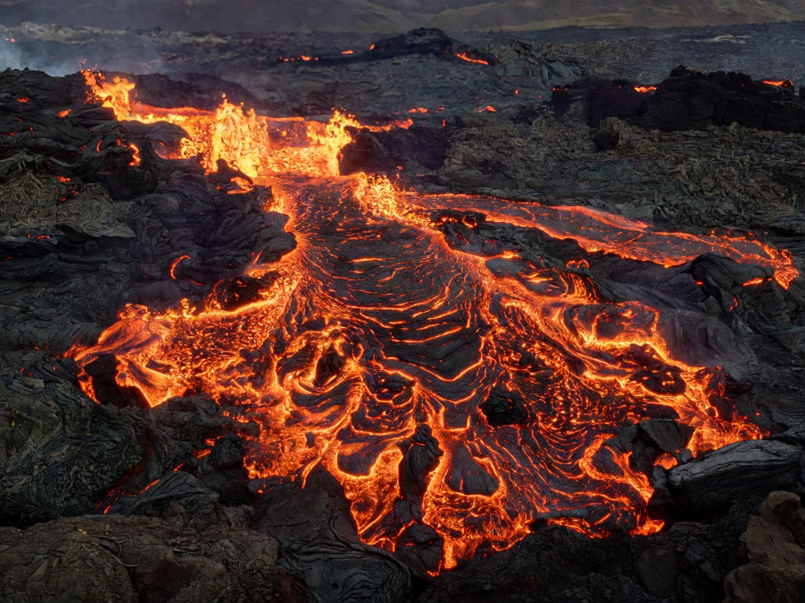 Active lava flow radiating heat across basalt landscape in Reykjanes