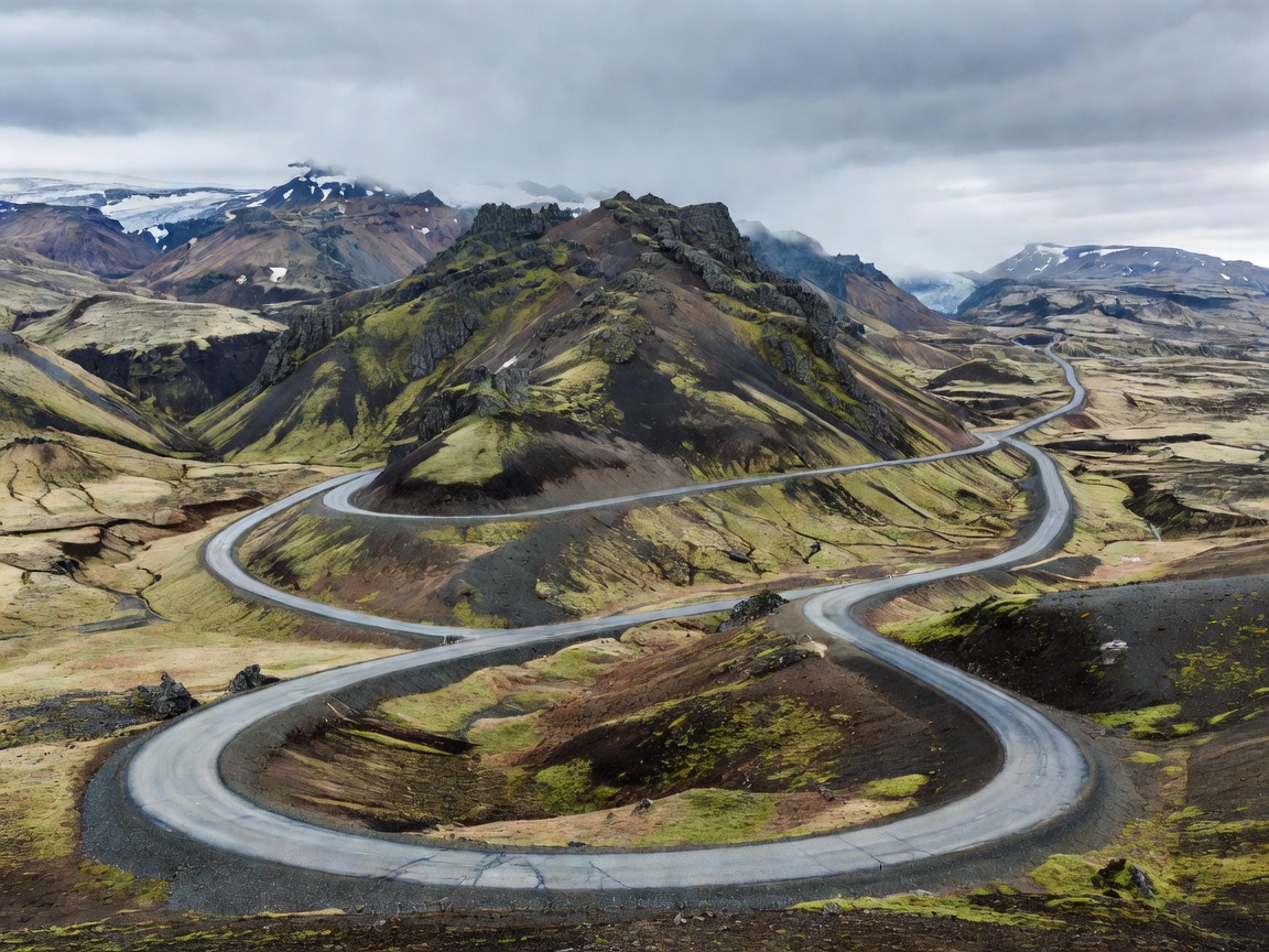 Scenic asphalt highway route 1 winding through Icelandic mountains