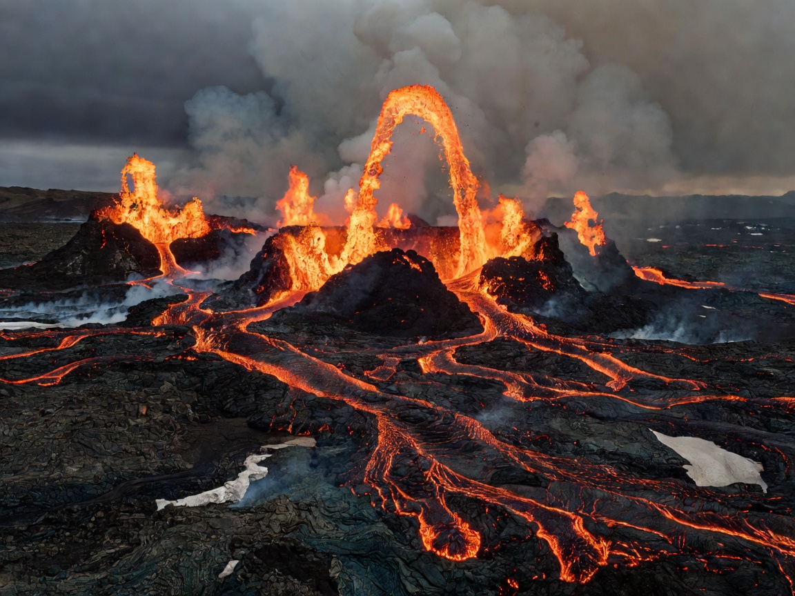 Molten lava flowing from Reykjanes volcanic fissure in Iceland